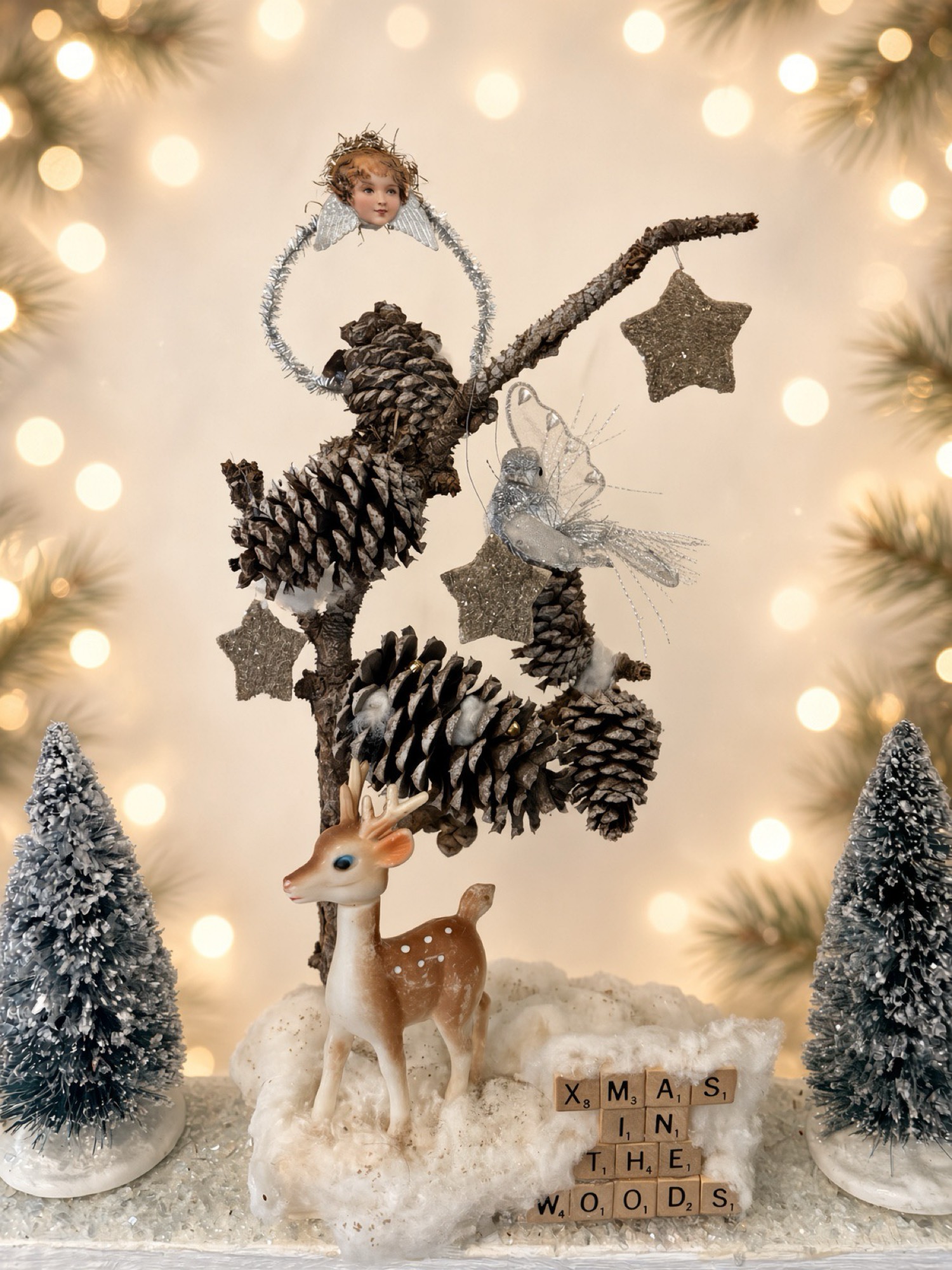 Xmas in the Woods tabletop scene: pinecone tree, vintage angel, fawn and Scrabble tiles