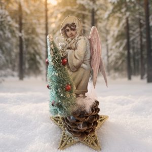 Snow Angel with bottle-brush tree tabletop tableau in the snowy woods