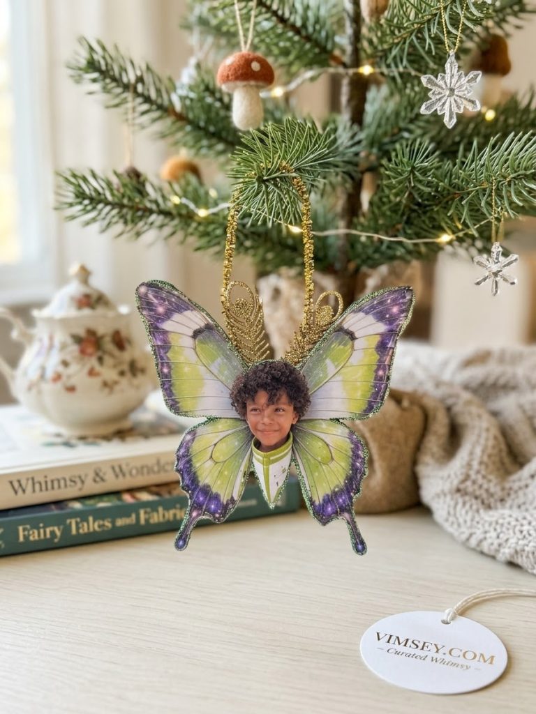 Personalized butterfly ornament with green and purple wings