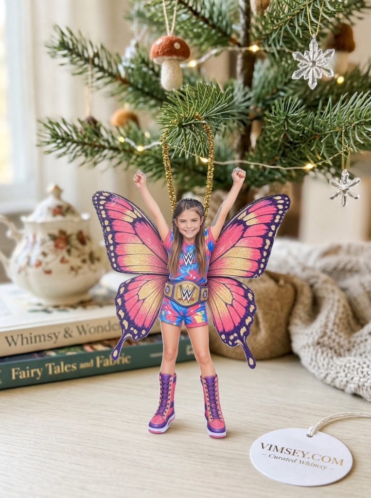 Personalized full-figure butterfly ornament with pink wings
