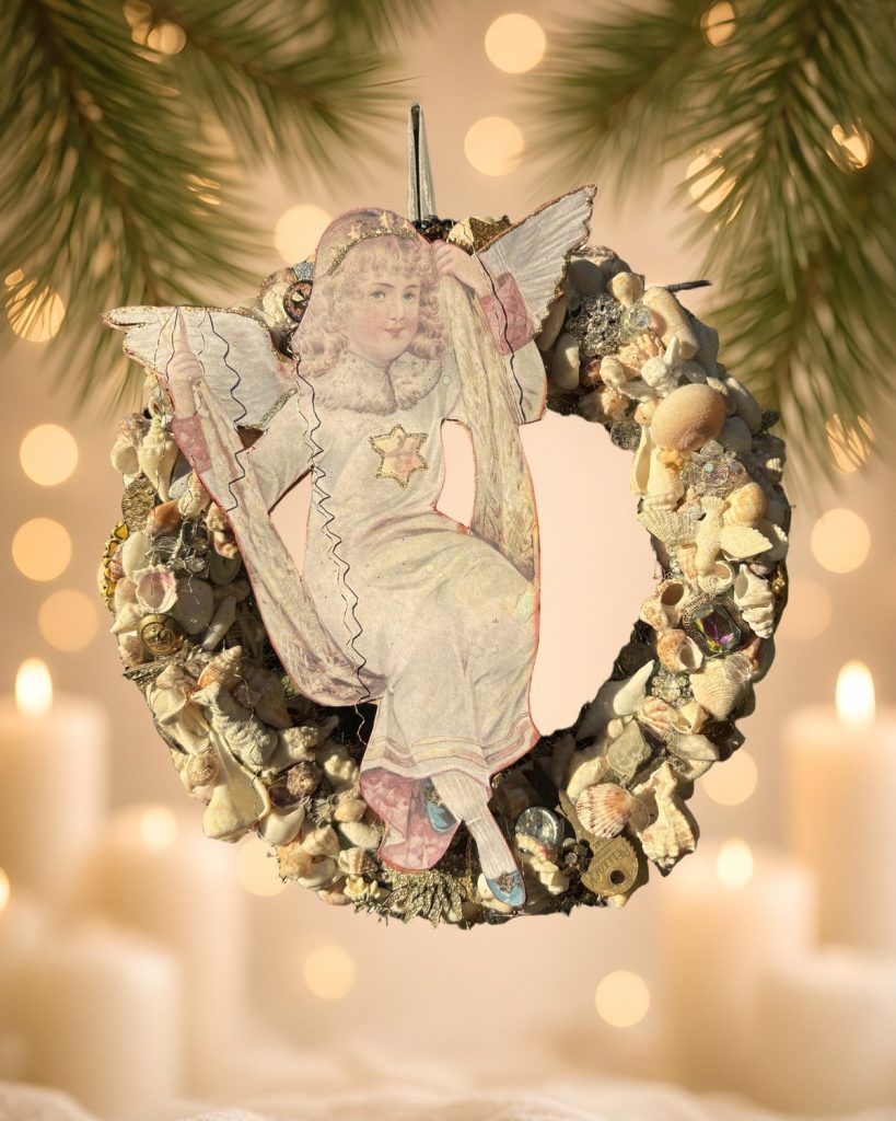 Angel on a Seashell Swing: Victorian Angel Shell & Jewel Wreath, handmade vintage Christmas ornament by Susan Jeffries