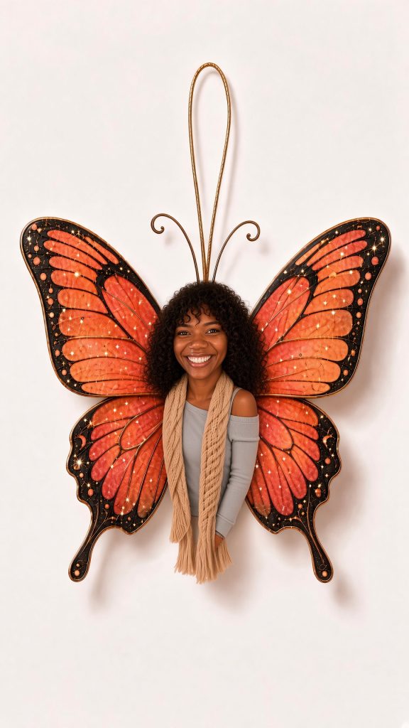 Personalized butterfly ornament example with monarch wings