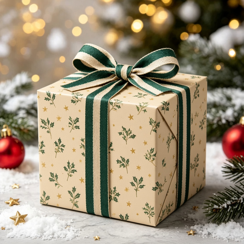 Christmas gift box wrapped in cream holly paper with a green and cream striped ribbon