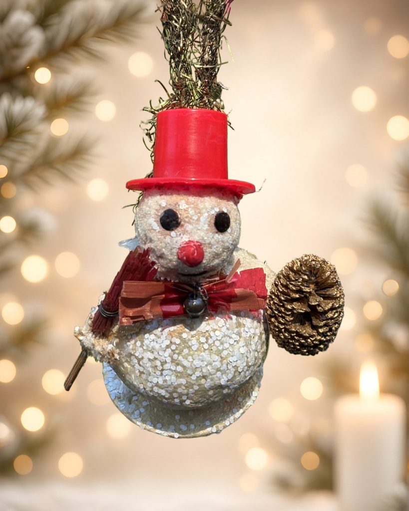 Frosty’s Fancy Hat Day: Glitter Snowman Ornament with Red Top Hat & Pinecone, handmade vintage Christmas ornament by Susan Jeffries