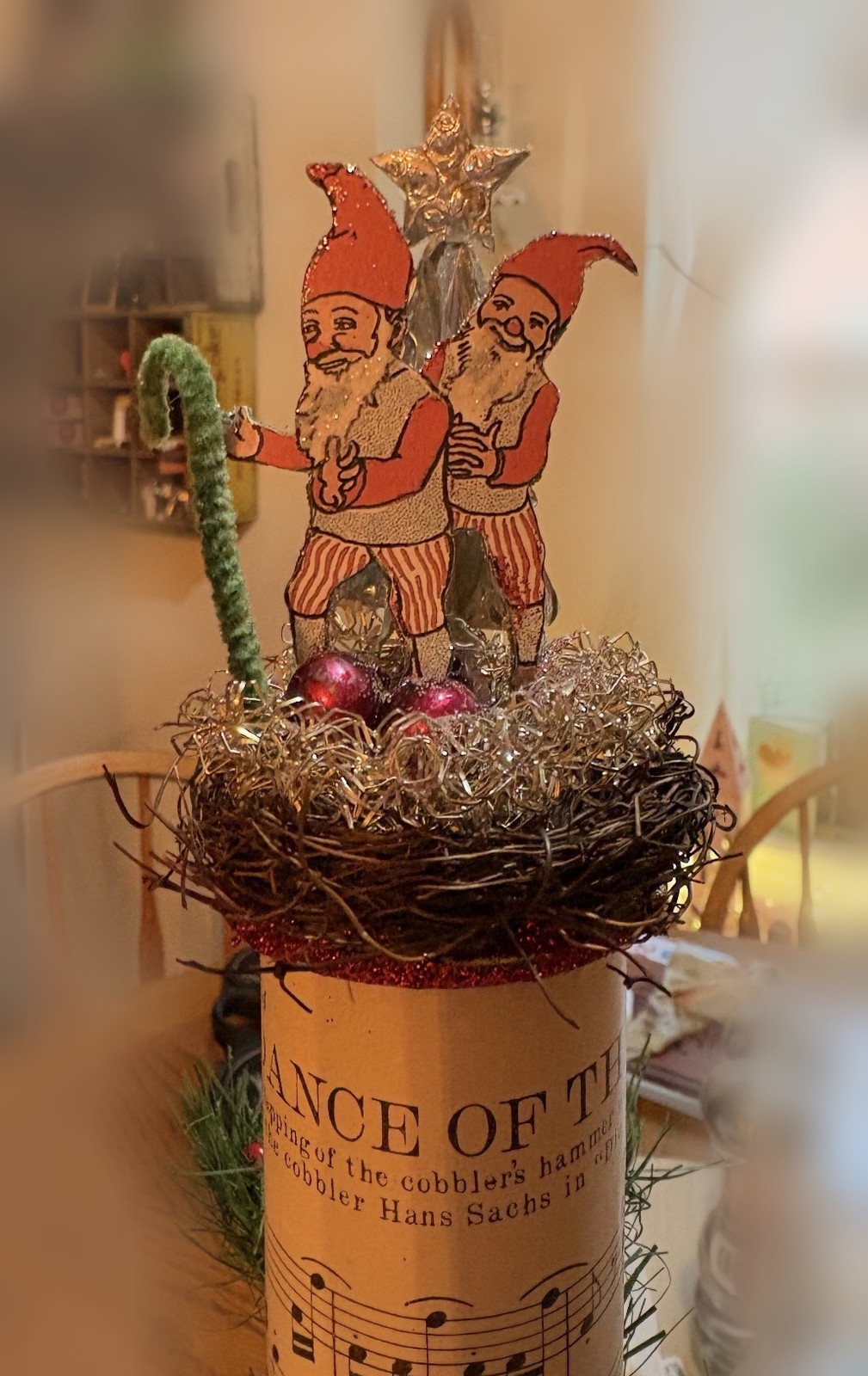 The Gnome Jig Tree Topper: Dancing Elves in a Tinsel Nest on Vintage Sheet Music - Image 2