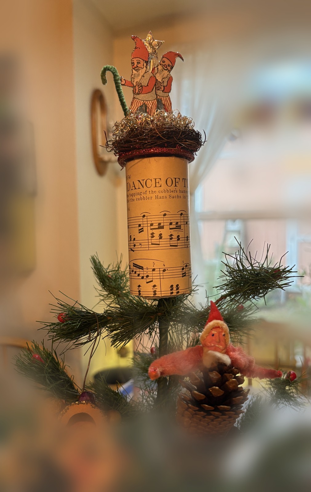 The Gnome Jig Tree Topper: Dancing Elves in a Tinsel Nest on Vintage Sheet Music - Image 3