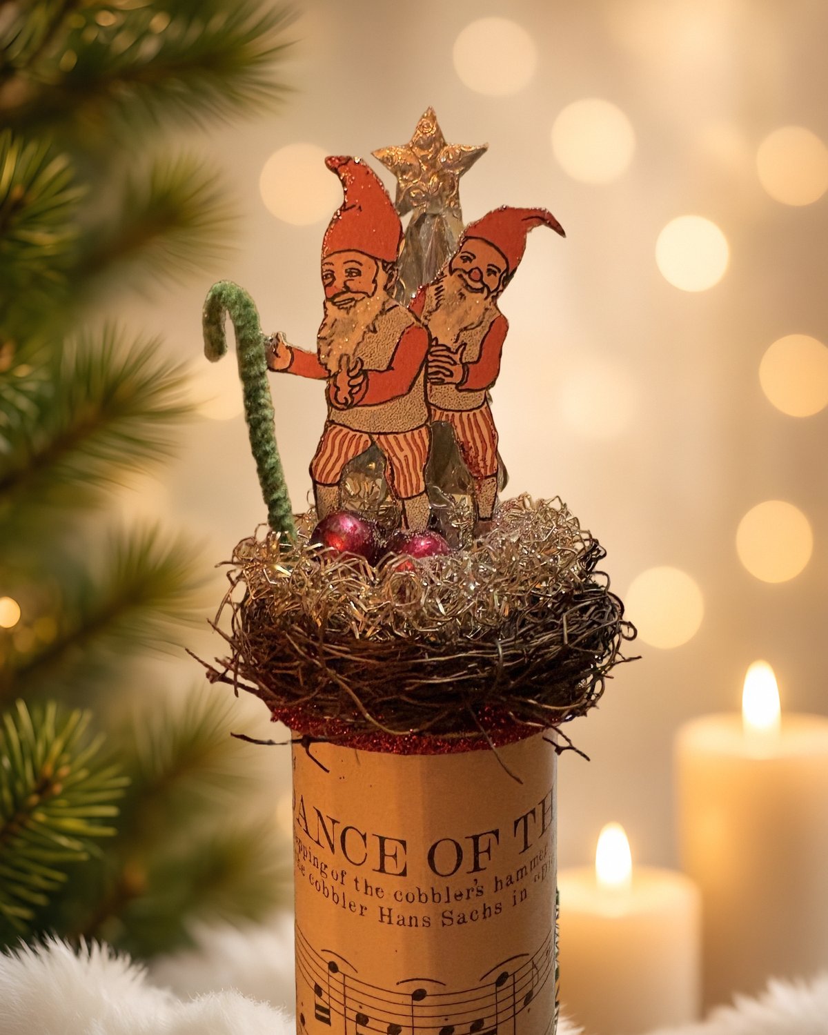 The Gnome Jig Tree Topper: Dancing Elves in a Tinsel Nest on Vintage Sheet Music, handmade vintage Christmas ornament by Susan Jeffries