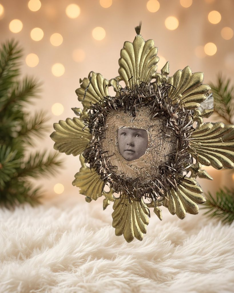 Golden Hour Sunburst Baby: Gilded Petal & Tinsel Vintage Portrait Ornament, handmade vintage Christmas ornament by Susan Jeffries