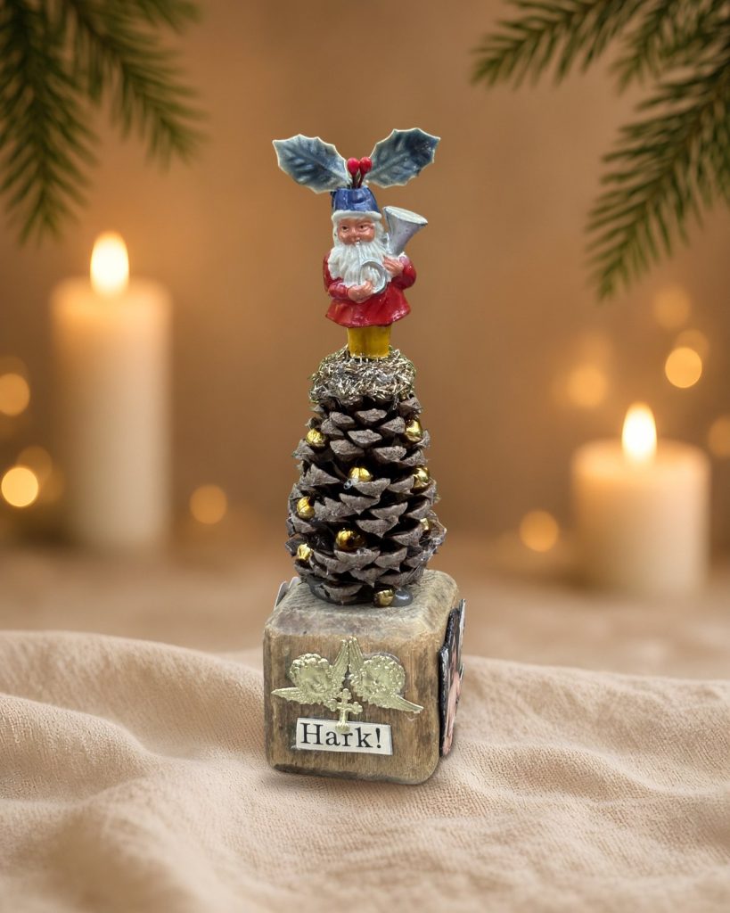 Hark! The Four-Sided Santa Pinecone Tree: Tabletop Tableau on a Vintage Wood Block, handmade vintage Christmas ornament by Susan Jeffries