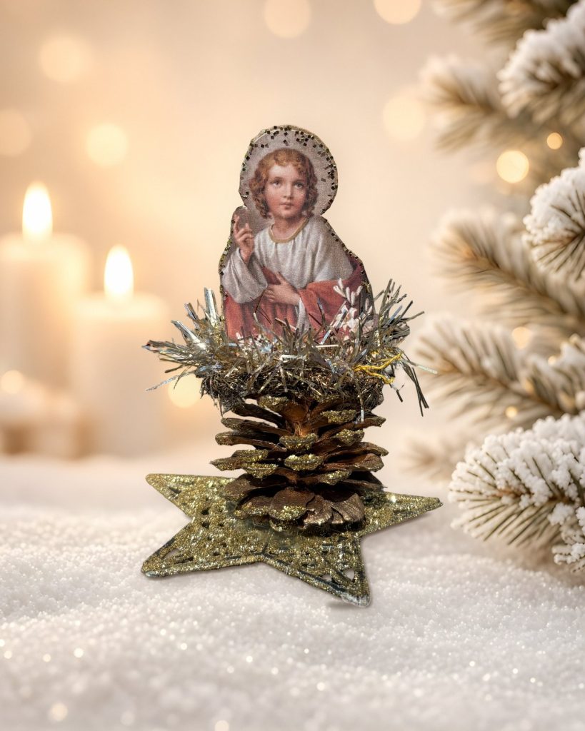 Little Blessing on a Golden Star: Holy Child Pinecone Tabletop Tableau, handmade vintage Christmas ornament by Susan Jeffries