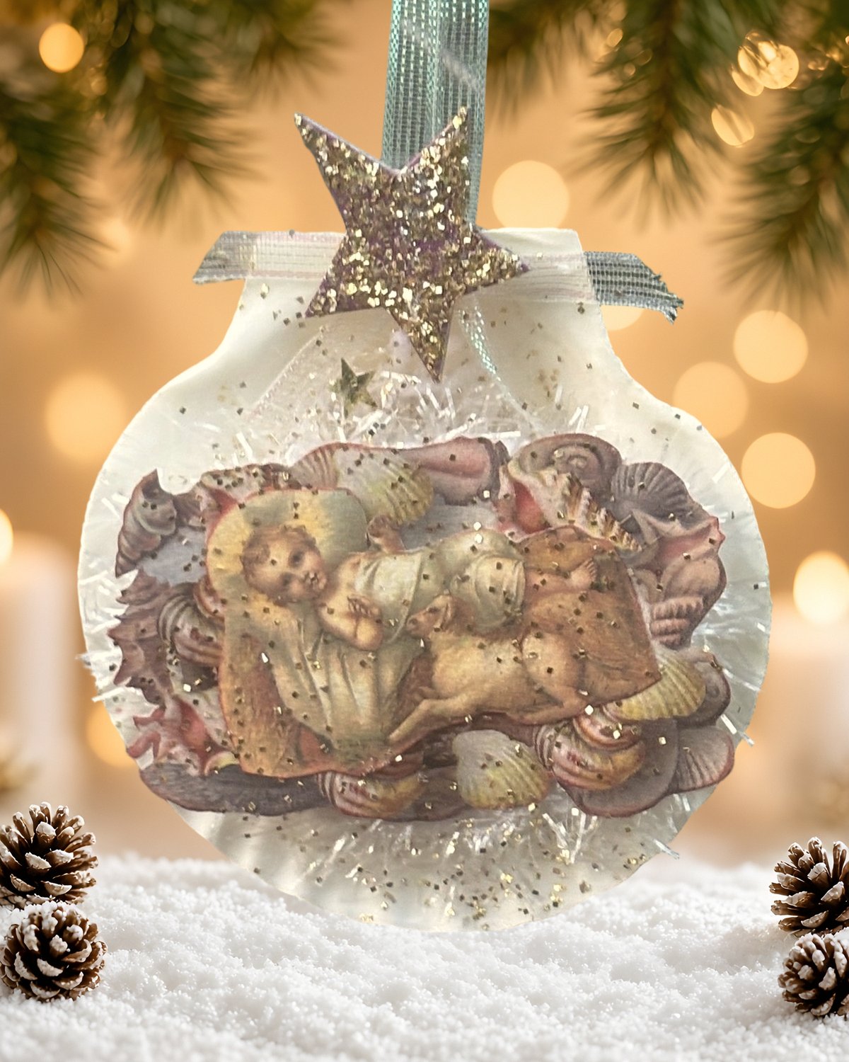 Little Lamb, Big Love: Scallop Shell Baby Jesus Nativity Ornament, handmade vintage Christmas ornament by Susan Jeffries