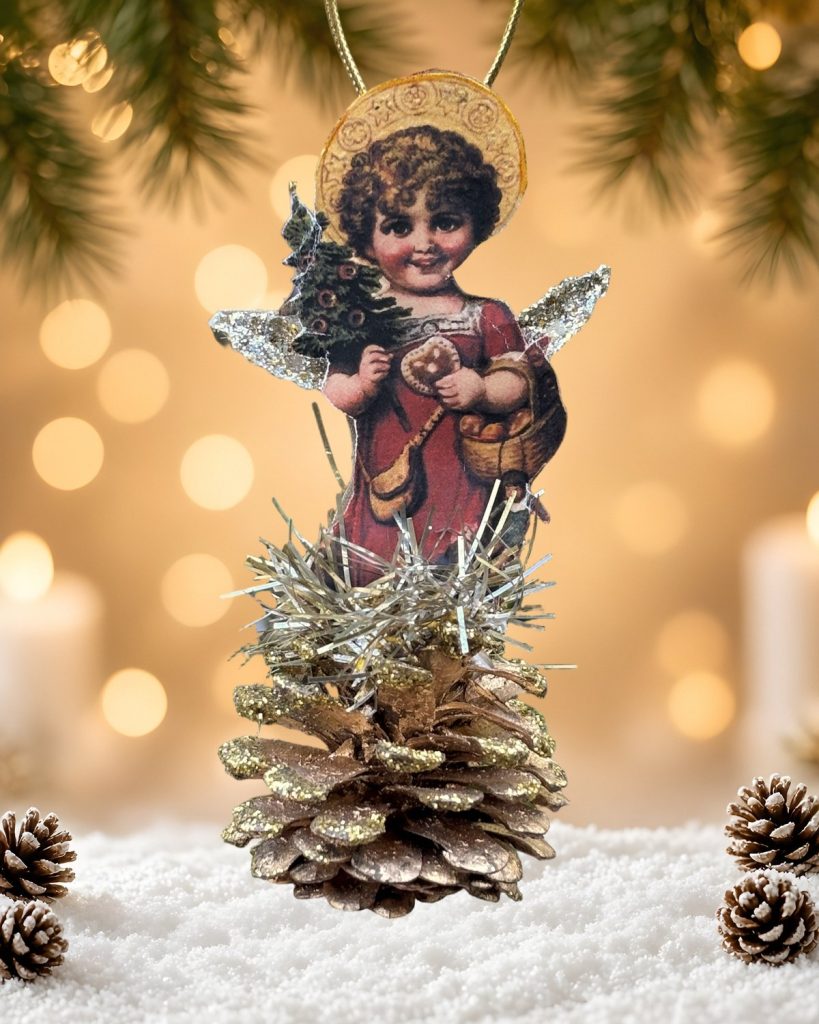Little Treekeeper Angel: Victorian Angel on a Gilded Pinecone Ornament, handmade vintage Christmas ornament by Susan Jeffries