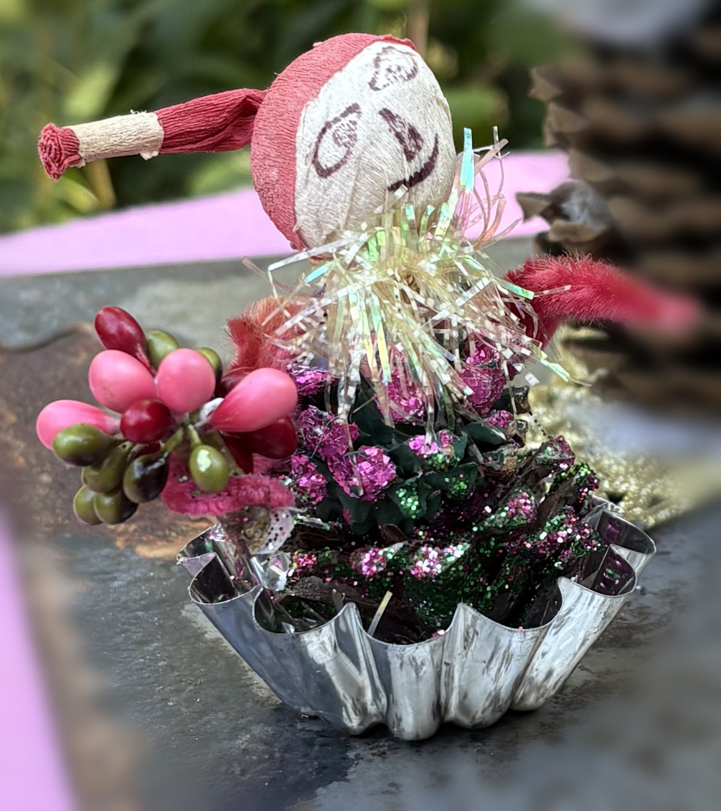 Merry Muffin-Tin Elf: Glitter Pinecone Tabletop Tableau in a Vintage Tart Tin - Image 2