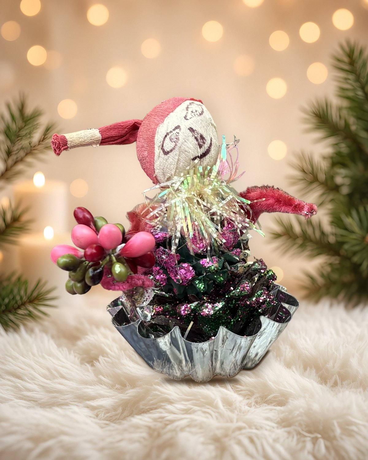 Merry Muffin-Tin Elf: Glitter Pinecone Tabletop Tableau in a Vintage Tart Tin, handmade vintage Christmas ornament by Susan Jeffries