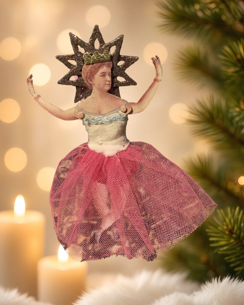 Pirouette in Pink: Victorian Ballerina Tree Topper with Tulle Tutu & Glitter Star Crown, handmade vintage Christmas ornament by Susan Jeffries