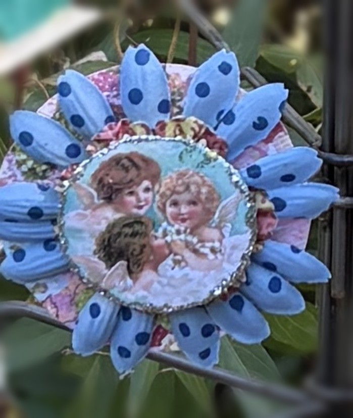 Polka-Dot Petal Party: Victorian Angel Girls Blue Rosette Ornament - Image 2
