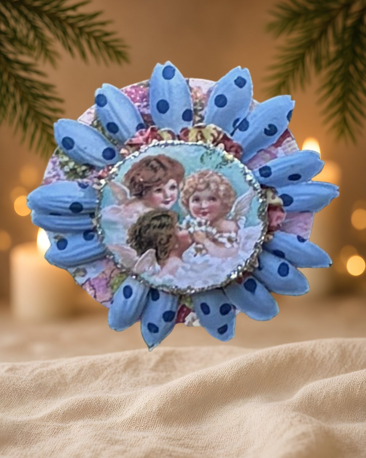 Polka-Dot Petal Party: Victorian Angel Girls Blue Rosette Ornament, handmade vintage Christmas ornament by Susan Jeffries