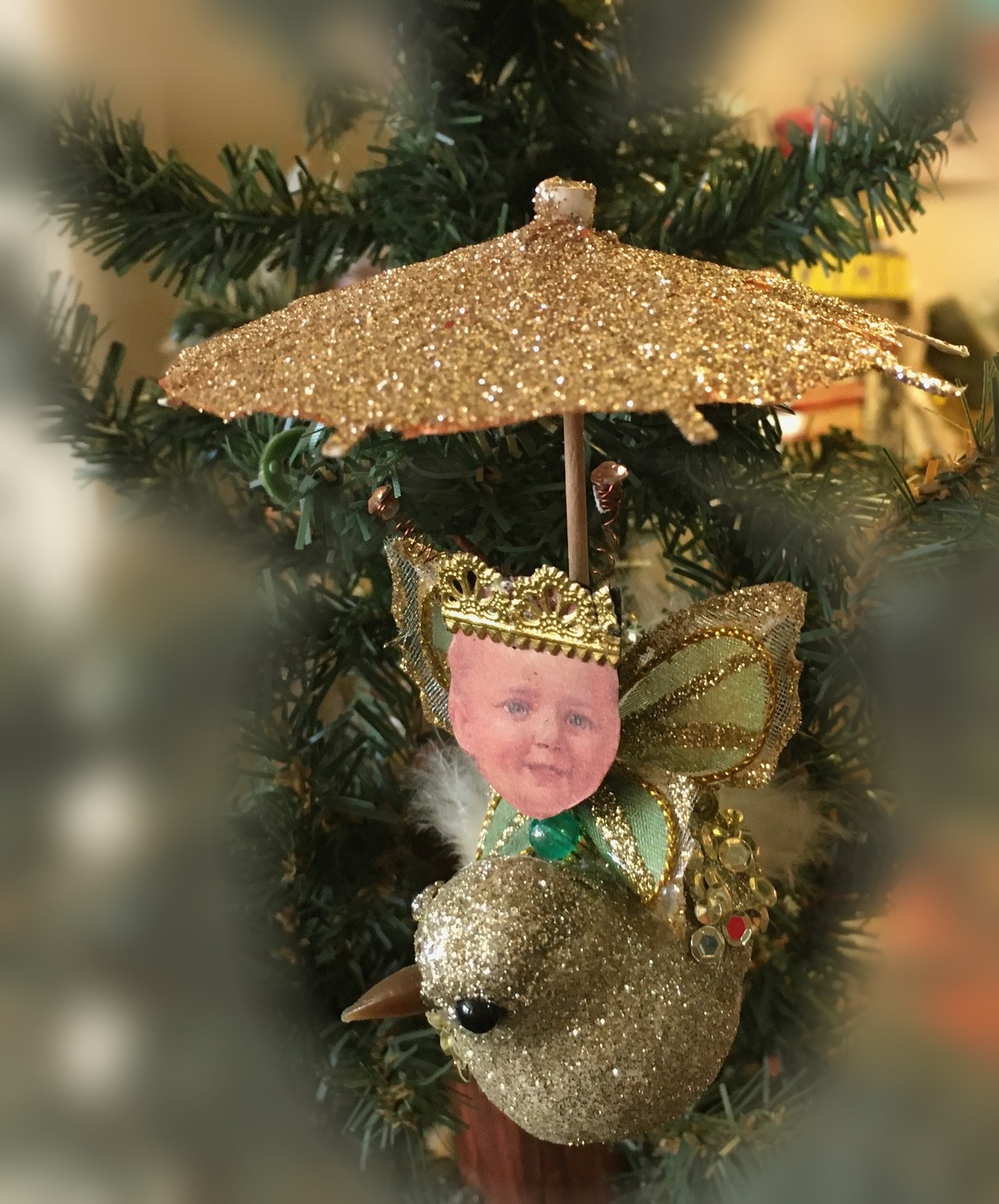 Rain or Shine Royal Birdie: Cherub-Faced Glitter Bird Ornament with Golden Parasol - Image 2
