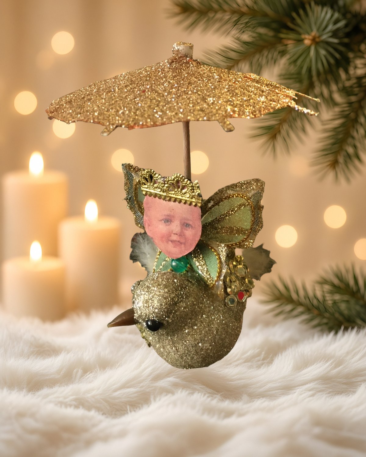 Rain or Shine Royal Birdie: Cherub-Faced Glitter Bird Ornament with Golden Parasol, handmade vintage Christmas ornament by Susan Jeffries