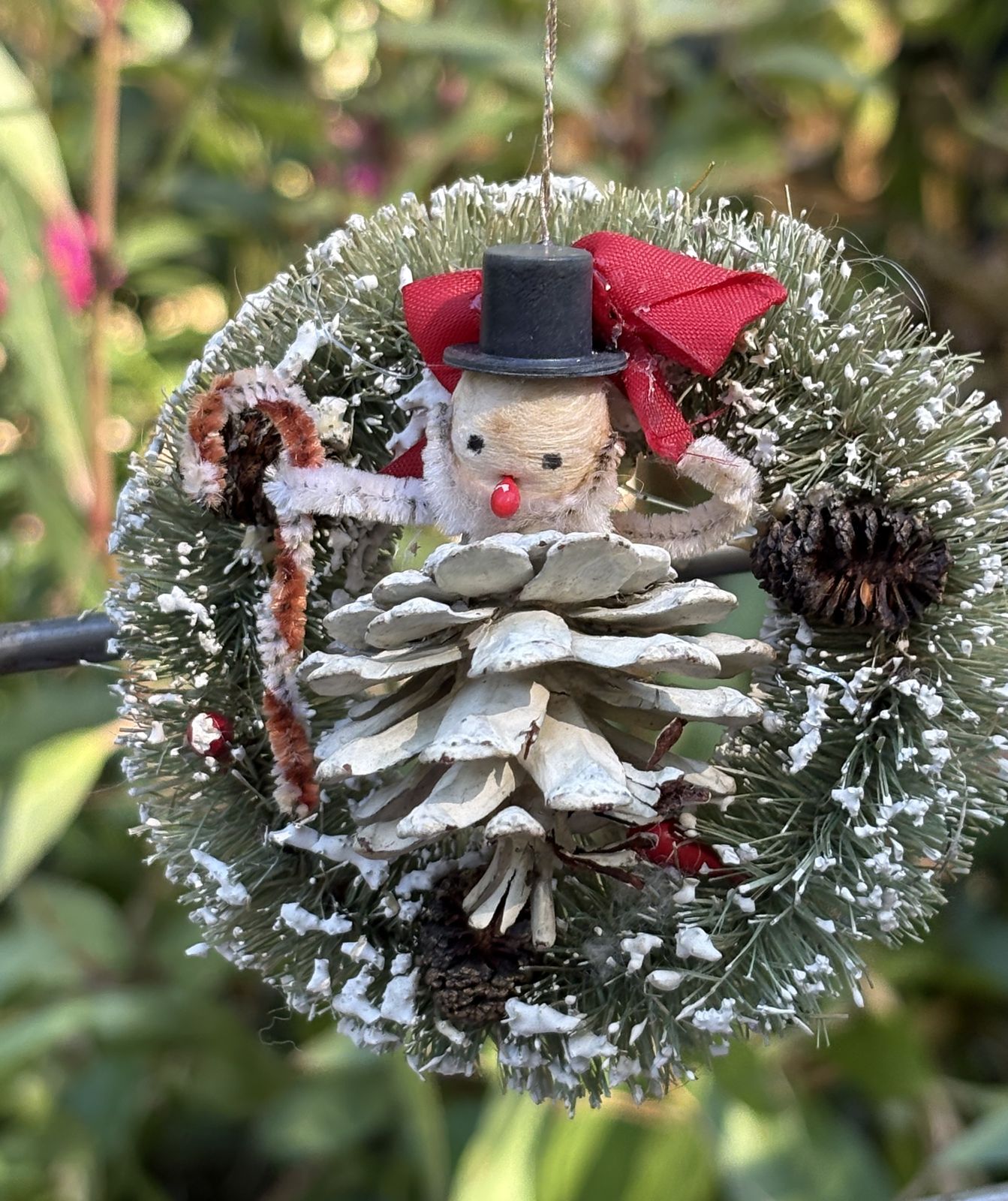 Snowman in a Snowy Wreath: Pinecone Snowman Bottle-Brush Ornament - Image 2