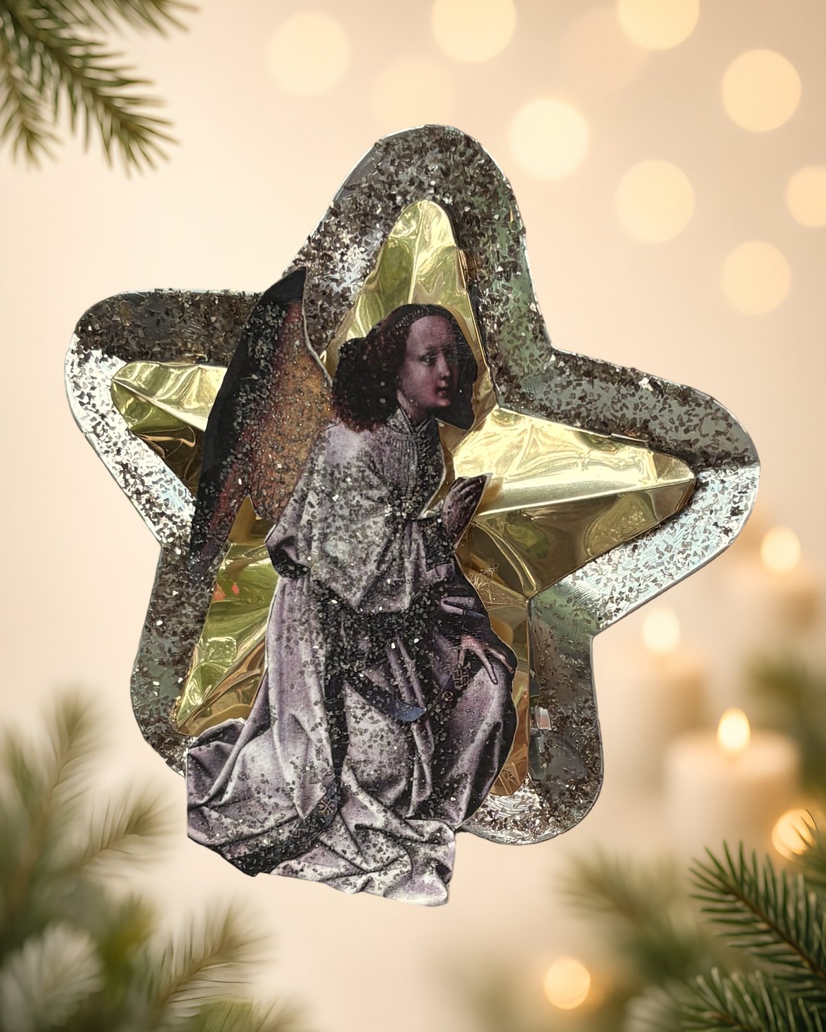 Starlight Seraph: Glitter-Edged Vintage Angel Star Tree Topper, handmade vintage Christmas ornament by Susan Jeffries