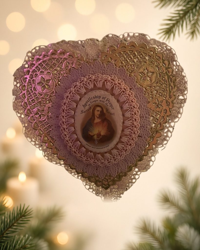 Sweetheart of Heaven: Sacred Heart Lace Doily Ornament, handmade vintage Christmas ornament by Susan Jeffries