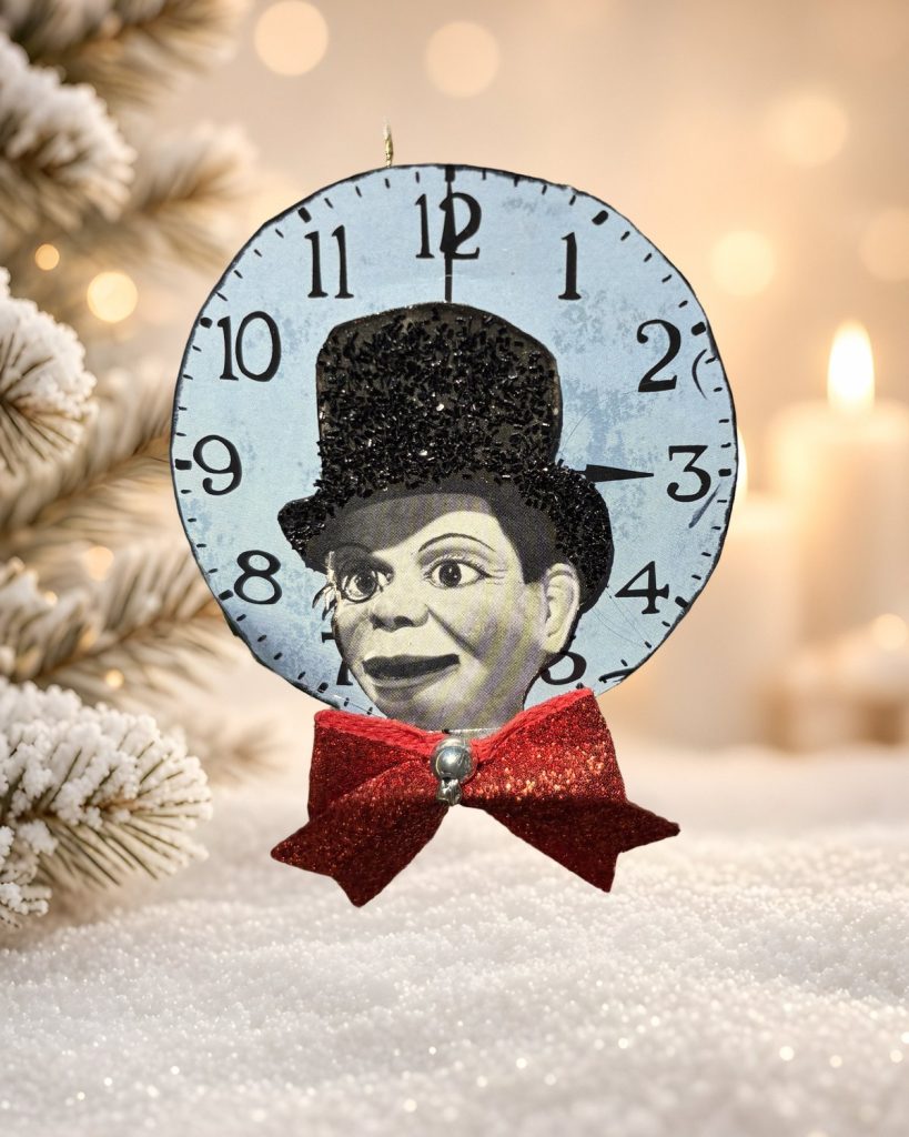 Tick-Tock Talkin’ Dapper Dummy: Vintage Ventriloquist Clock-Face Ornament, handmade vintage Christmas ornament by Susan Jeffries