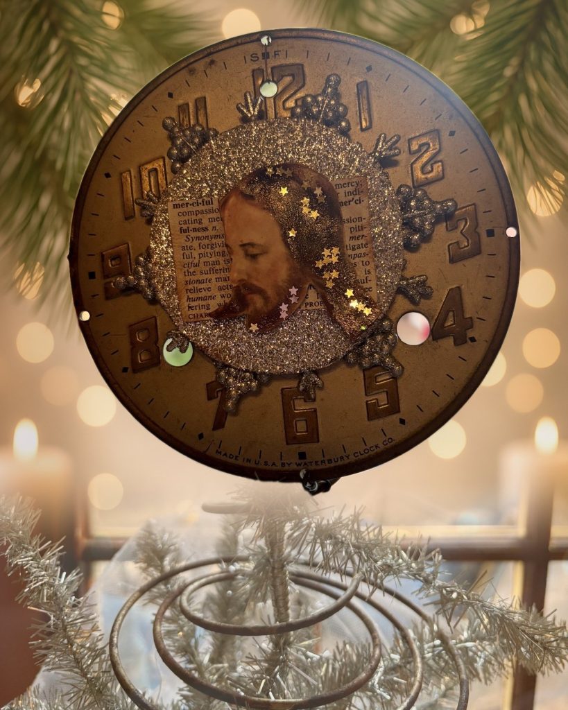 Time Stands Still: Jesus on an Antique Waterbury Clock Face Tree Topper, handmade vintage Christmas ornament by Susan Jeffries